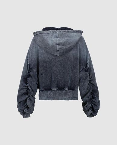  URBAN REVIVO - Áo khoác denim nữ phối mũ tay dài bo gấu 