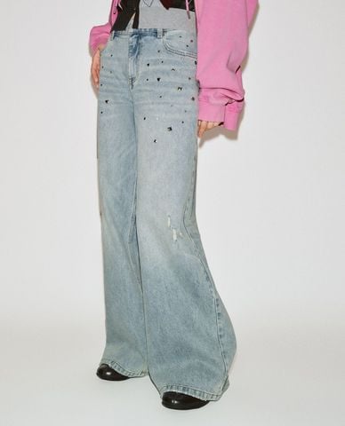  URBAN REVIVO - Quần jeans nữ ống rộng wash bạc đính đá 
