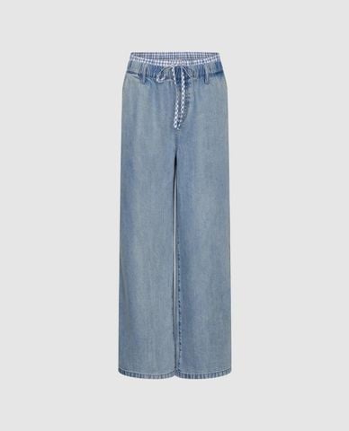  URBAN REVIVO - Quần jeans nữ ống rộng lưng thun phối dây rút 