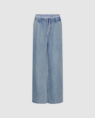  URBAN REVIVO - Quần jeans nữ ống rộng lưng thun phối dây rút 