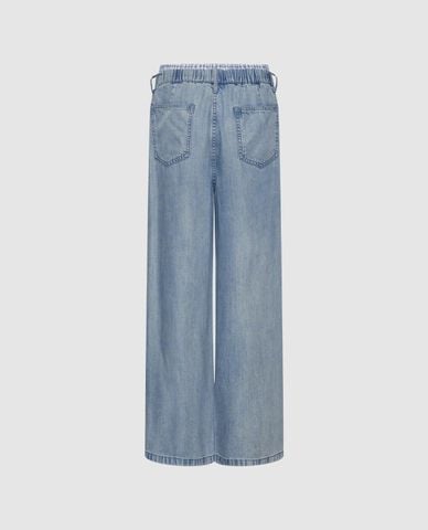  URBAN REVIVO - Quần jeans nữ ống rộng lưng thun phối dây rút 