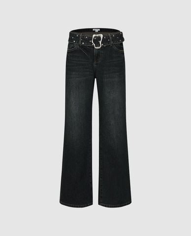  URBAN REVIVO - Quần jeans nữ ống rộng kèm thắt lưng 