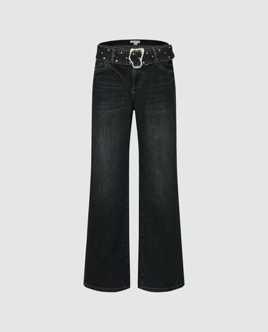  URBAN REVIVO - Quần jeans nữ ống rộng kèm thắt lưng 