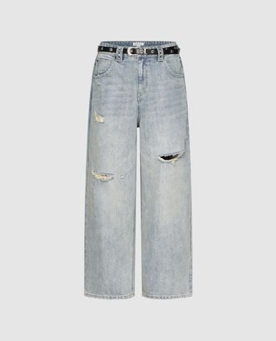  URBAN REVIVO - Quần jeans nữ ống rộng kèm thắt lưng 