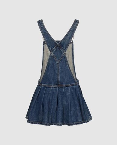  URBAN REVIVO - Đầm yếm denim mini xếp li dáng xòe 
