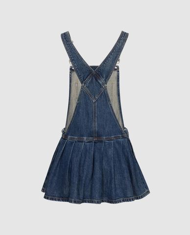  URBAN REVIVO - Đầm yếm denim mini xếp li dáng xòe 
