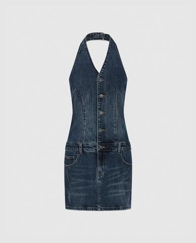  URBAN REVIVO - Đầm denim mini cổ yếm wash bạc 