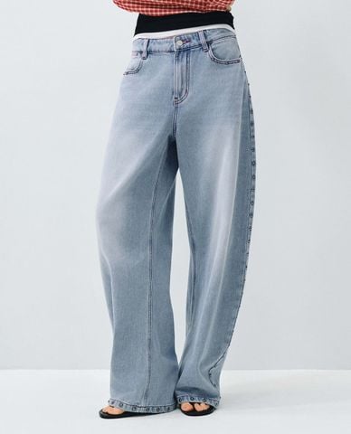  URBAN REVIVO - Quần jeans nữ ống rộng wash bạc 