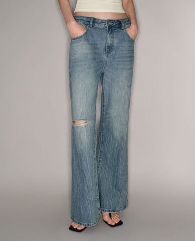  URBAN REVIVO - Quần jeans nữ ống loe phối khăn buộc eo 