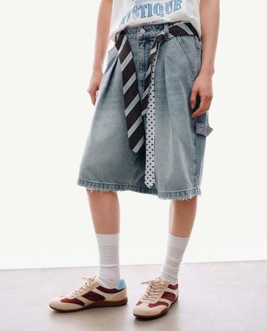  URBAN REVIVO - Quần short jeans nữ ống rộng phối dây đai 