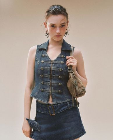  URBAN REVIVO - Áo khoác gilet nữ denim cổ bẻ khóa kéo 