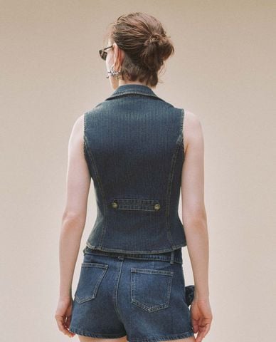  URBAN REVIVO - Áo khoác gilet nữ denim cổ bẻ khóa kéo 