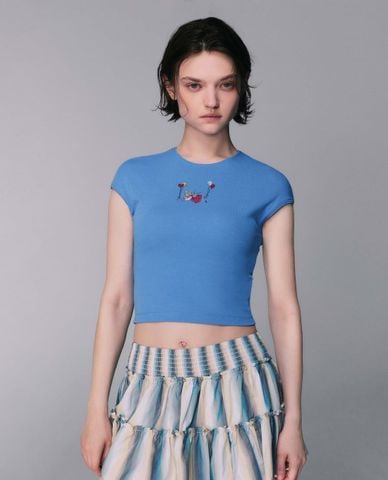  URBAN REVIVO - Áo croptop nữ cổ tròn tay ngắn phom ôm 