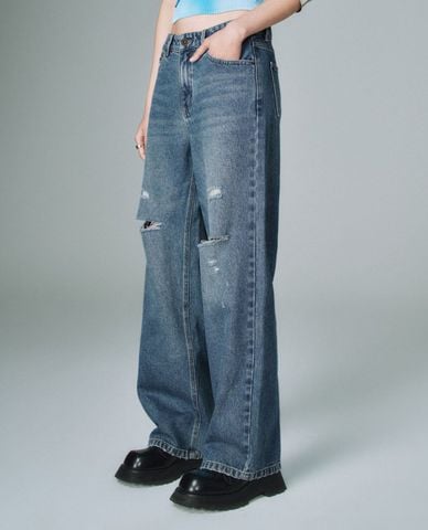  URBAN REVIVO - Quần jeans nữ ống rộng rách gối 