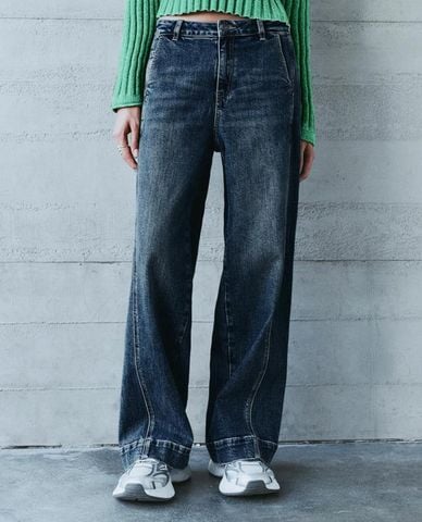  URBAN REVIVO - Quần jeans nữ ống rộng wash bạc 