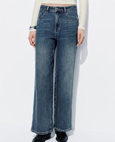  URBAN REVIVO - Quần jeans nữ ống rộng wash bạc 