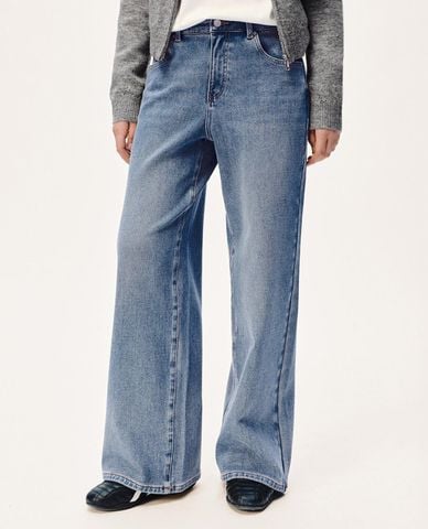  URBAN REVIVO - Quần jeans nữ ống rộng wash bạc 