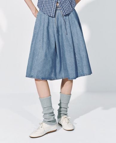  URBAN REVIVO - Chân váy denim midi phối dây rút 