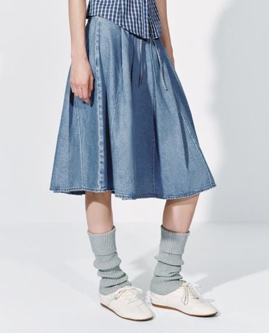  URBAN REVIVO - Chân váy denim midi phối dây rút 