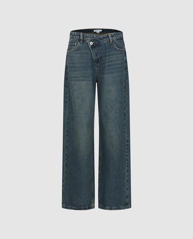  URBAN REVIVO - Quần jeans nữ ống rộng wash bạc cổ điển 