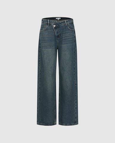  URBAN REVIVO - Quần jeans nữ ống rộng wash bạc cổ điển 