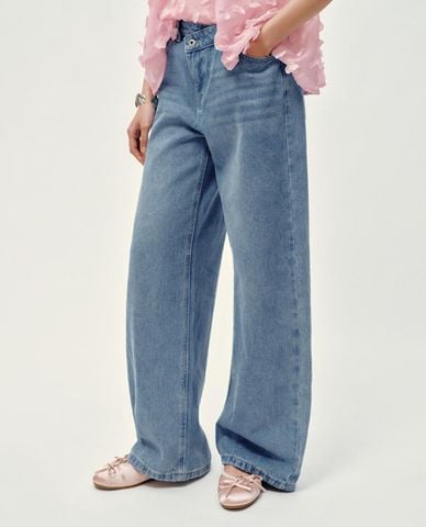  URBAN REVIVO - Quần jeans nữ ống rộng cạp chéo 