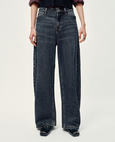  URBAN REVIVO - Quần jeans nữ ống rộng wash bạc 