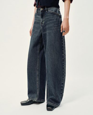  URBAN REVIVO - Quần jeans nữ ống rộng wash bạc 