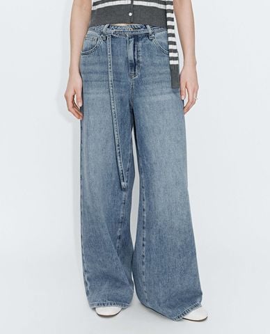  URBAN REVIVO - Quần jeans nữ ống rộng wash bạc 