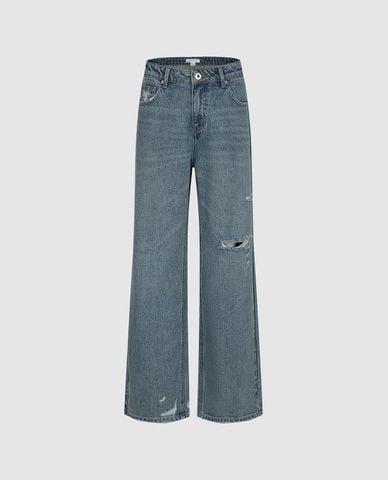  URBAN REVIVO - Quần jeans nữ ống rộng wash bạc rách gối 
