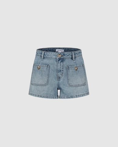  URBAN REVIVO - Quần short jeans nữ túi đắp khuy vân 
