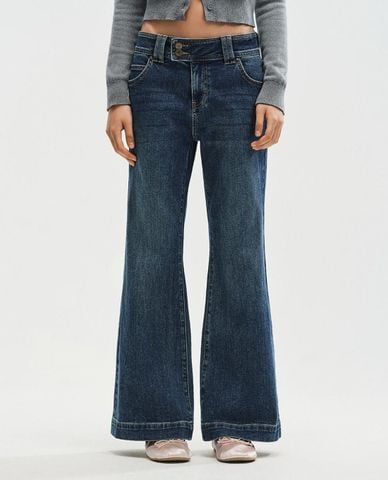  URBAN REVIVO - Quần jeans nữ ống loe phối nút gài 