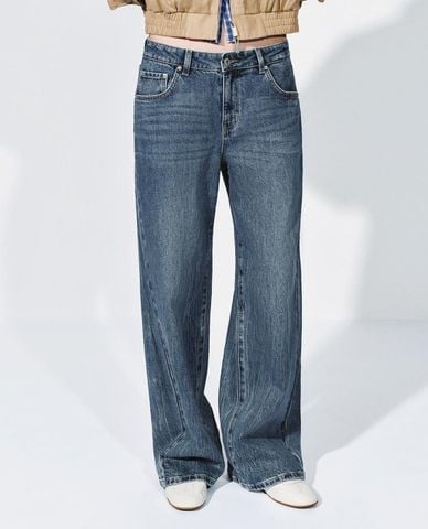  URBAN REVIVO - Quần jeans nữ ống rộng wash bạc 