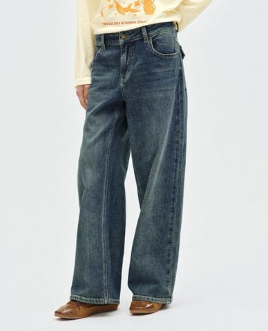  URBAN REVIVO - Quần jeans nữ ống rộng wash bạc 