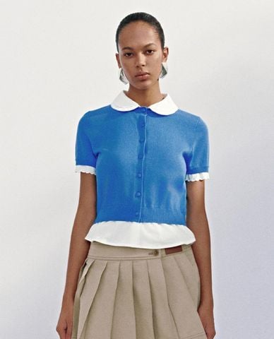  URBAN REVIVO - Áo dệt kim nữ cổ bẻ tay ngắn hai lớp 