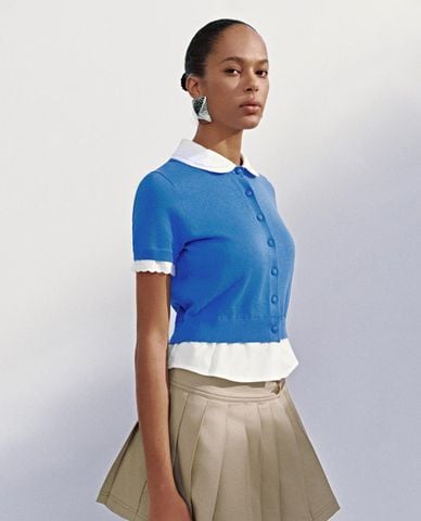  URBAN REVIVO - Áo dệt kim nữ cổ bẻ tay ngắn hai lớp 