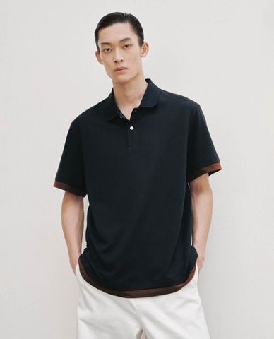 URBAN REVIVO - Áo polo nam cổ bẻ tay ngắn phối viền 
