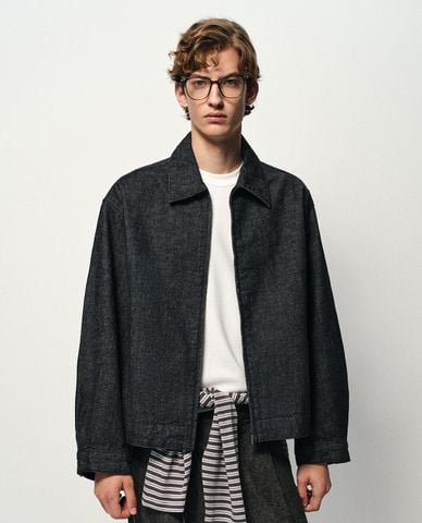  URBAN REVIVO - Áo khoác denim nam cổ bẻ tay dài khóa kéo 