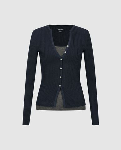  URBAN REVIVO - Áo dệt kim nữ cổ V tay dài phối layer 