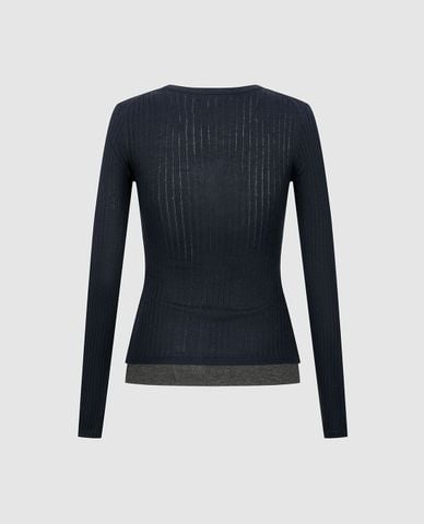  URBAN REVIVO - Áo dệt kim nữ cổ V tay dài phối layer 