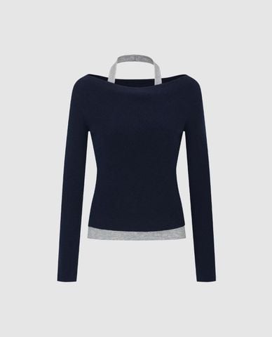  URBAN REVIVO - Áo dệt kim nữ cổ thuyền tay dài phối dây 