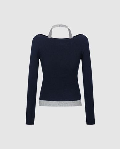  URBAN REVIVO - Áo dệt kim nữ cổ thuyền tay dài phối dây 
