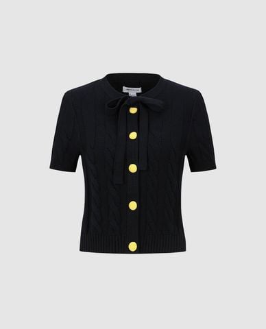  URBAN REVIVO - Áo dệt kim nữ cổ bẻ tay ngắn thắt nơ 