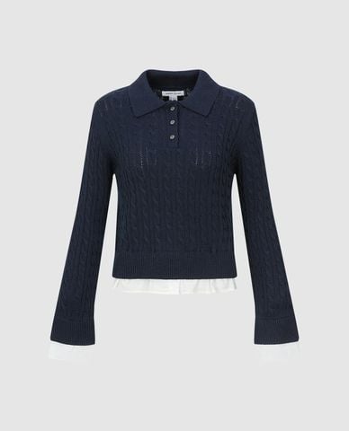  URBAN REVIVO - Áo dệt kim nữ cổ bẻ tay dài phối nút 