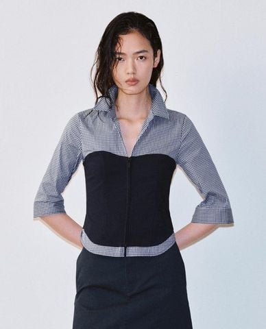  URBAN REVIVO - Áo kiểu nữ tay lỡ phối corset kẻ caro 