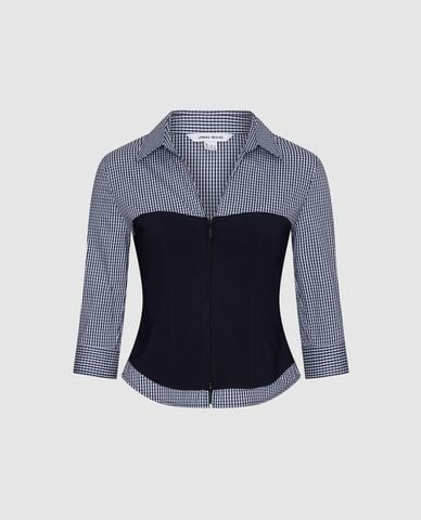  URBAN REVIVO - Áo kiểu nữ tay lỡ phối corset kẻ caro 