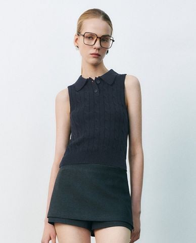  URBAN REVIVO - Áo dệt kim nữ sát nách cổ bẻ 