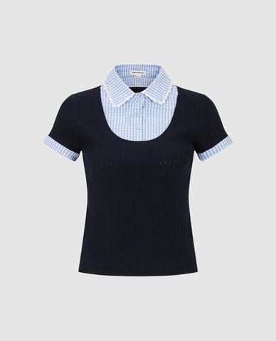  URBAN REVIVO - Áo dệt kim nữ cổ bẻ tay ngắn phối layer 