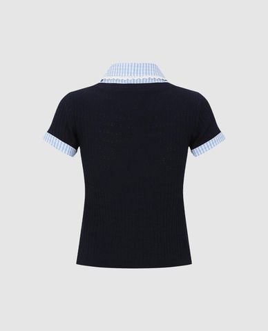  URBAN REVIVO - Áo dệt kim nữ cổ bẻ tay ngắn phối layer 