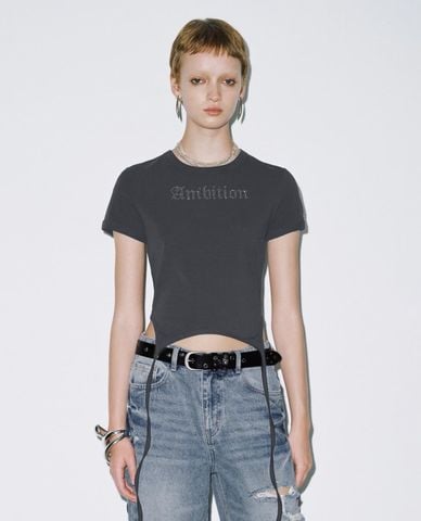 URBAN REVIVO - Áo croptop nữ cổ tròn tay ngắn phối tua rua 